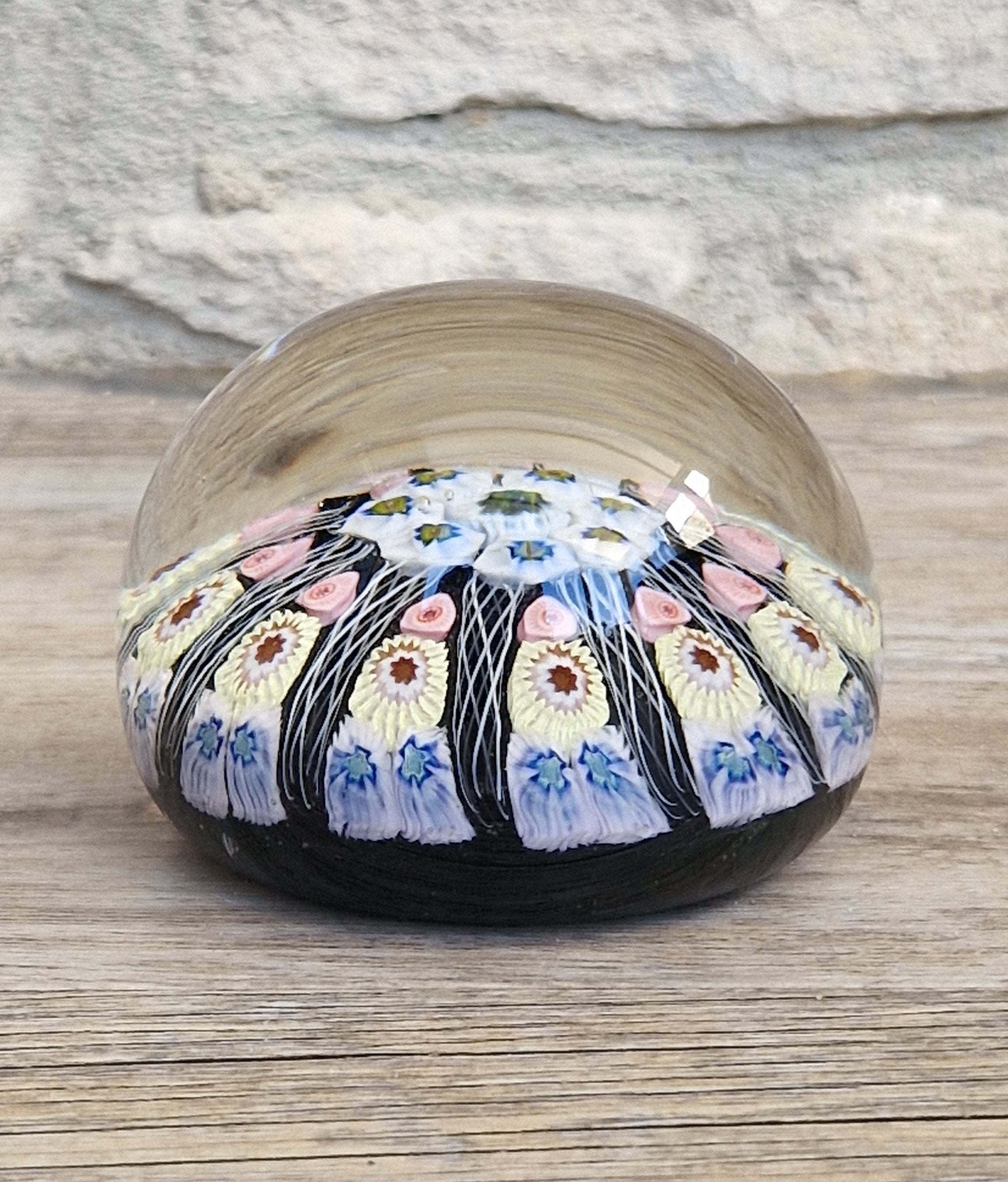 Strathearn Art Glass Paperweight 11 Spoke Millefiori with Filligree on Purple Ground Vintage