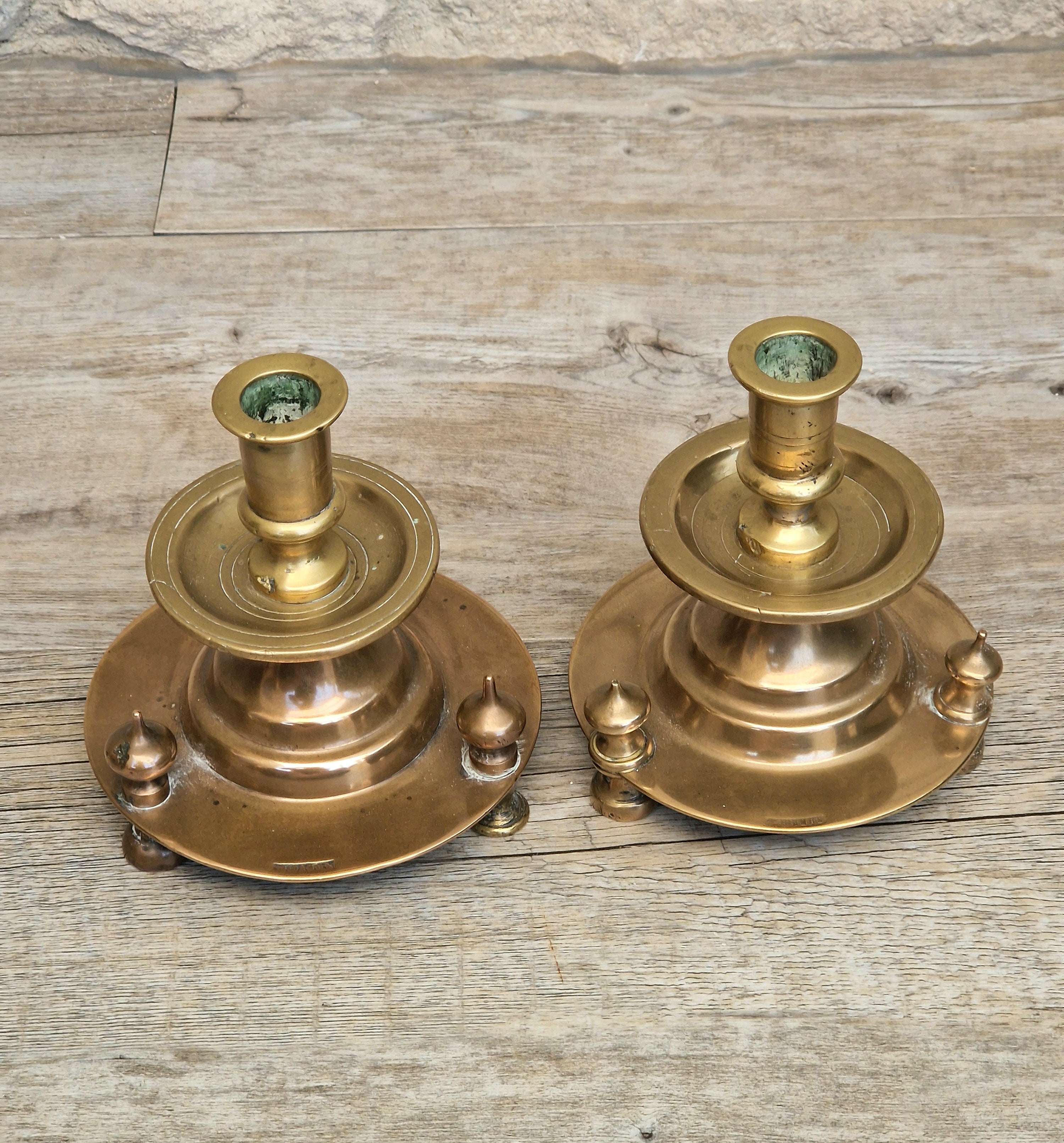 Pair of 19th Century Judin Signed Czarist Era Russian Bronzed Sabbath Bun Footed Capstan Candle Holders.