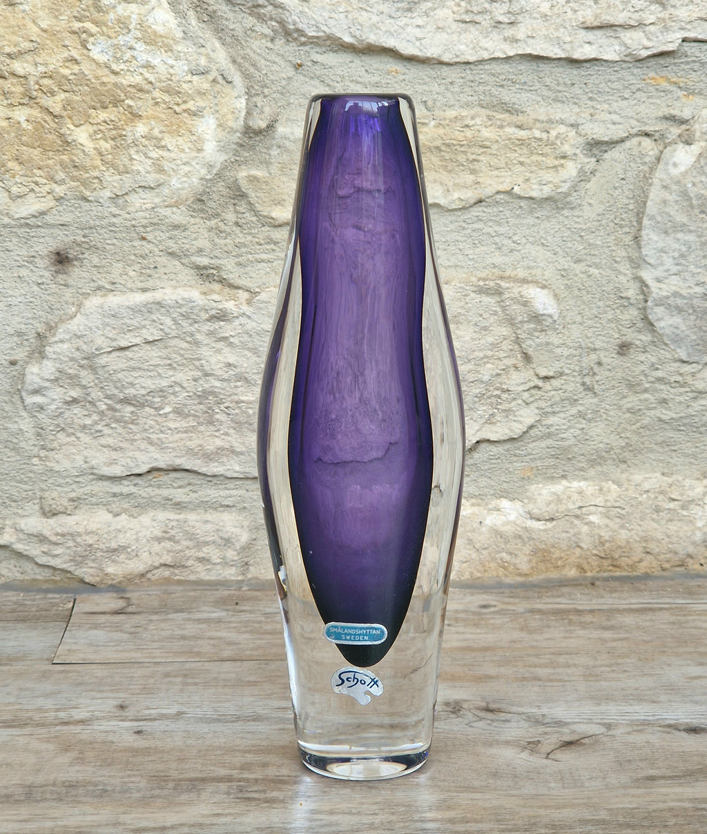 Vintage Smålandshyttan Sweden Amethyst Glass Vase Josef Schott Double Label Mid Century 20cm