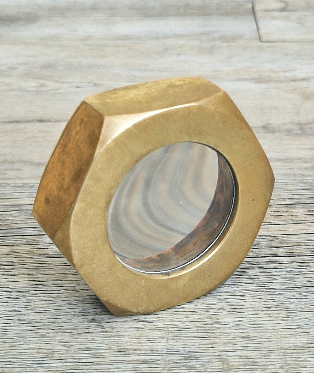 Carl Auböck Brass Hexagon Nut Magnifier Paperweight, Vintage Austria Werkstätte 1950s Desk Accessory, Model 5071 Authentic