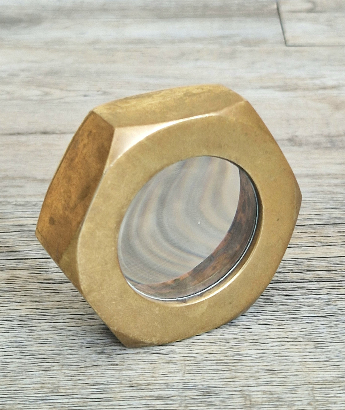 Carl Auböck Brass Hexagon Nut Magnifier Paperweight, Vintage Austria Werkstätte 1950s Desk Accessory, Model 5071 Authentic