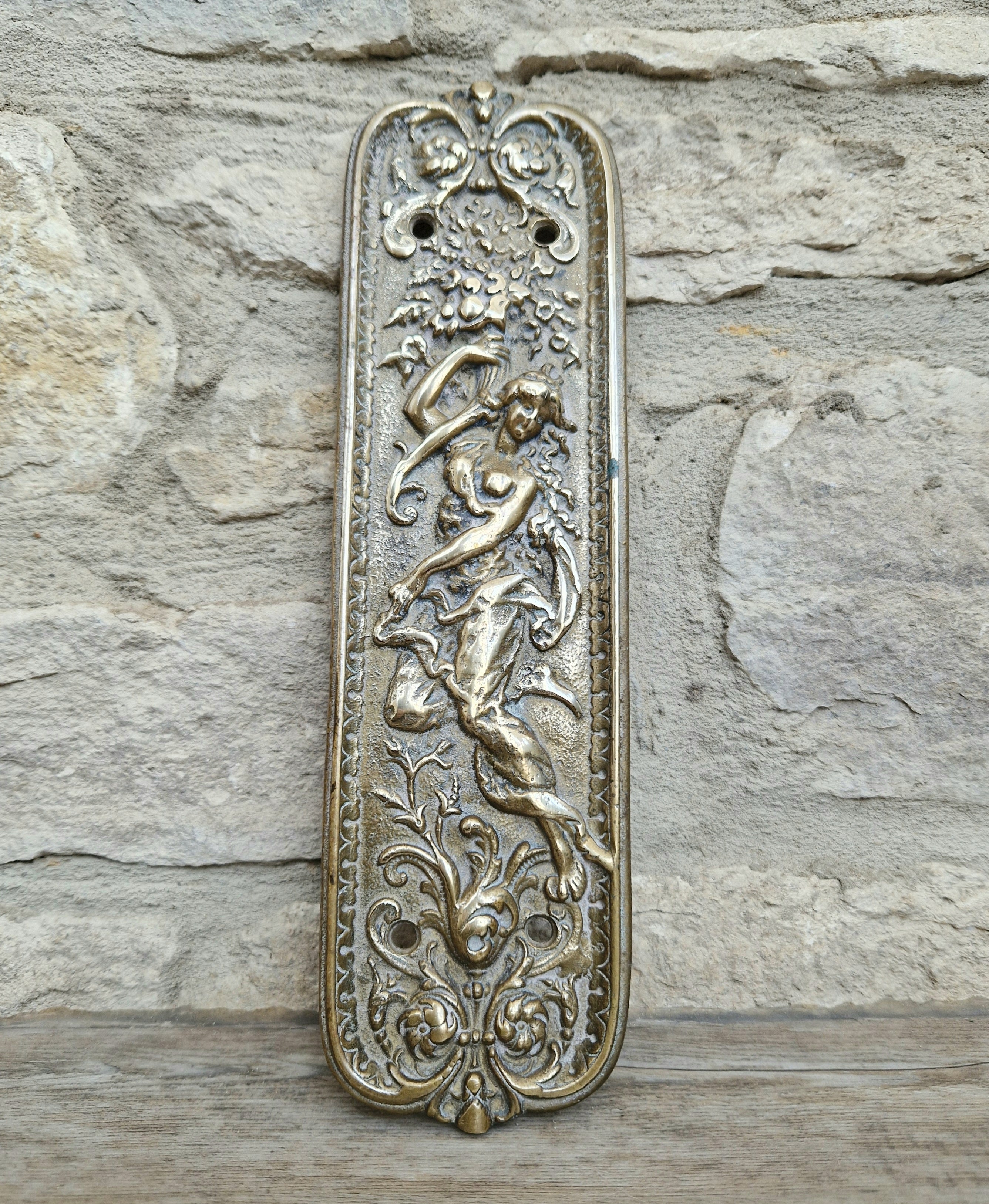 Cast Brass Art Nouveau Figural Relief Large Door Push Finger Plate Antique