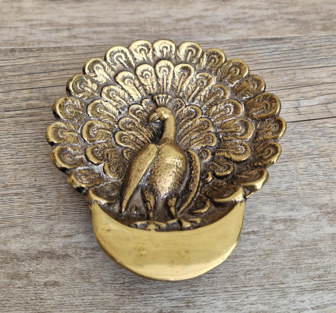 Vintage Brass Peacock Trinket Dish Ornate Bird Jewelry Tray Gold Tone Decor