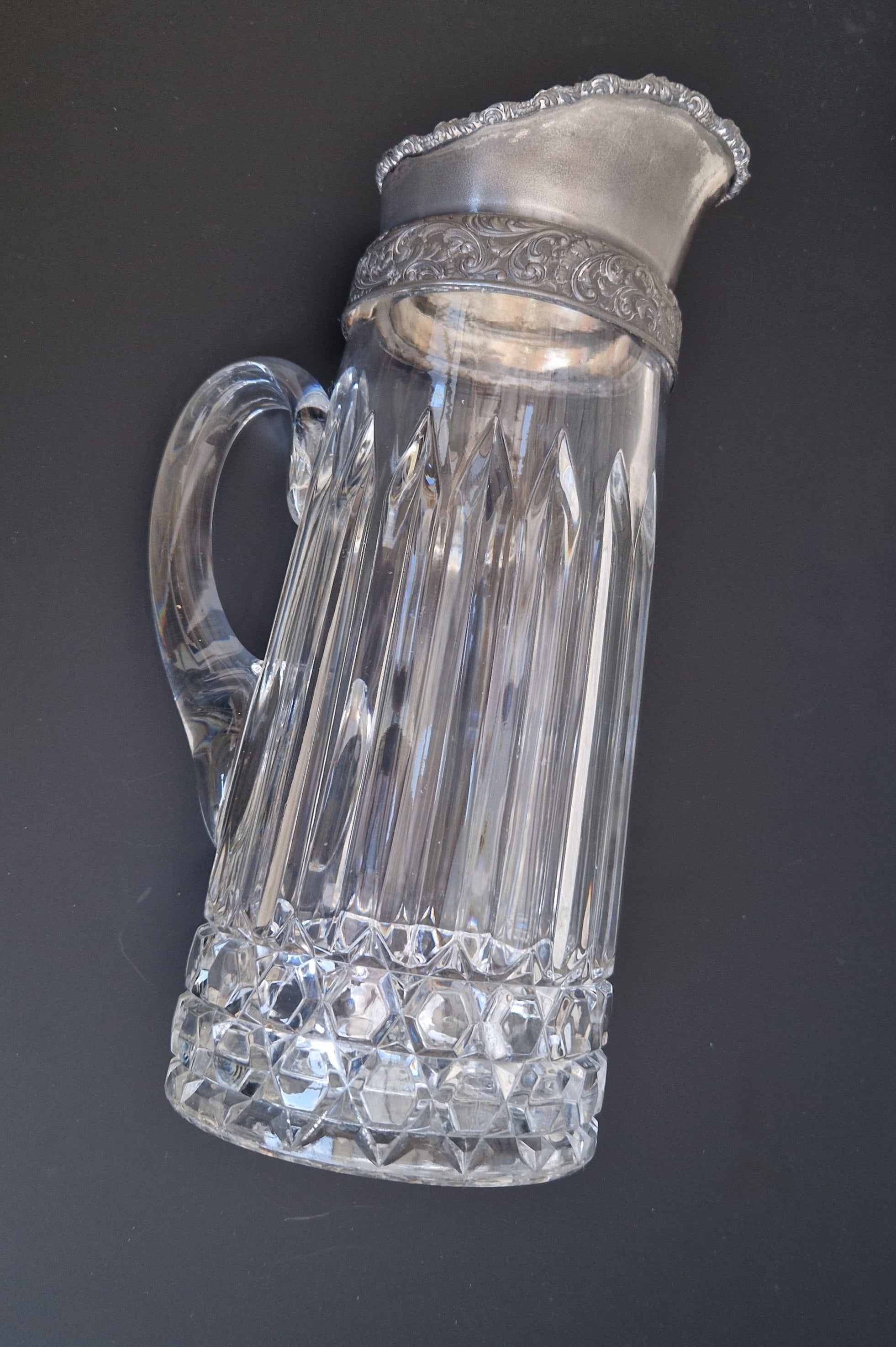 English Heavy Cut Glass & Pewter Water Pitcher Circa 1890 Antique Crystal
