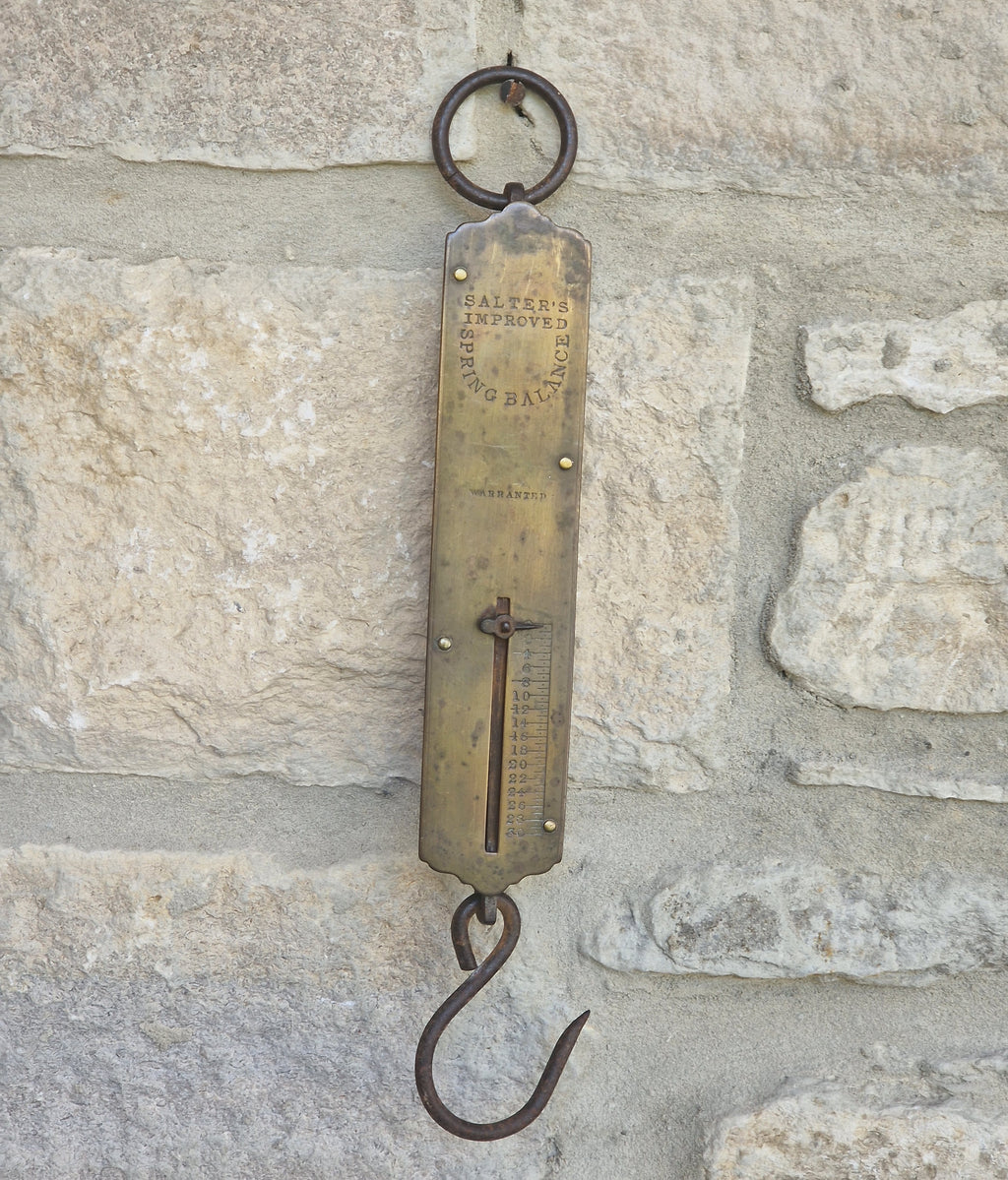Antique Salter Improved Brass Spring Balance Scale Hanging Pocket Scales 32.5cm Working
