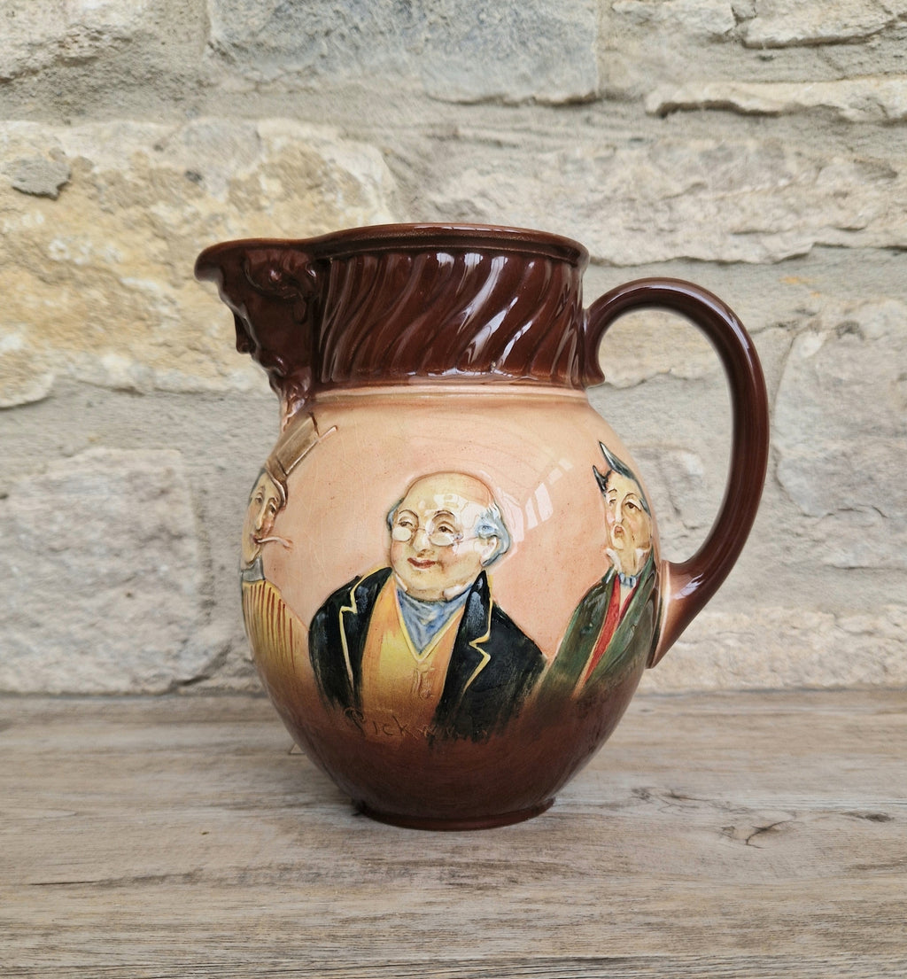 Royal Doulton Charles Dickens Pitcher: Antique Raised Relief Ceramic Jug Made in England
