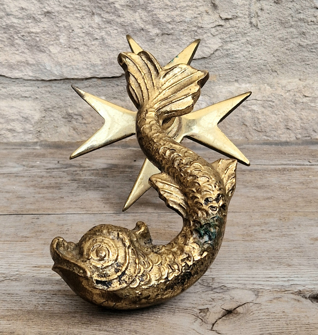 Vintage Heavy Cast Brass Maltese Cross & Dolphin Door Knocker 1950's