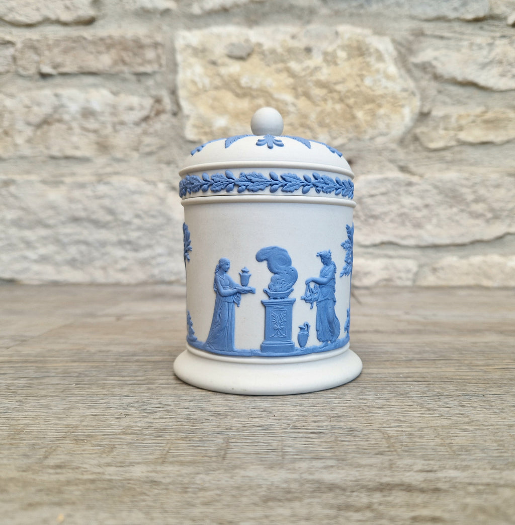 Wedgwood Jasperware Neo Classical Lidded Pot Reverse Blue on White Vintage Wedgwood Made in England