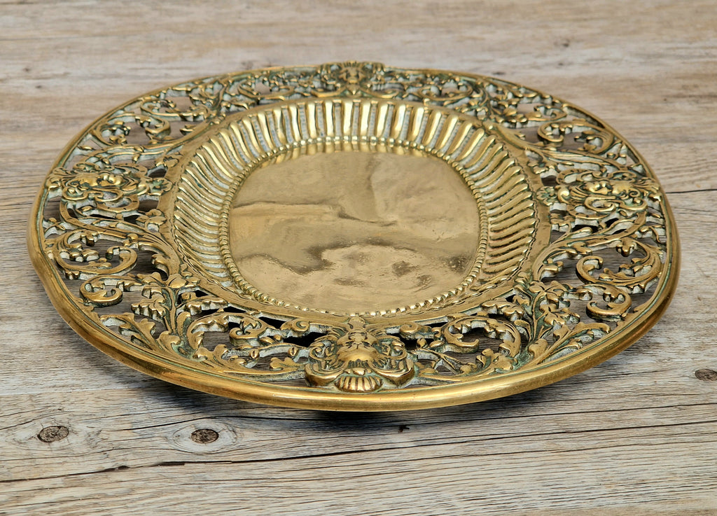 Antique 19thC Baroque Cast Brass Architectural Mount Appliqué Ornate Mascaron Filigree Vanity Card Tray Plate Hand-Tooled Pattern 1018
