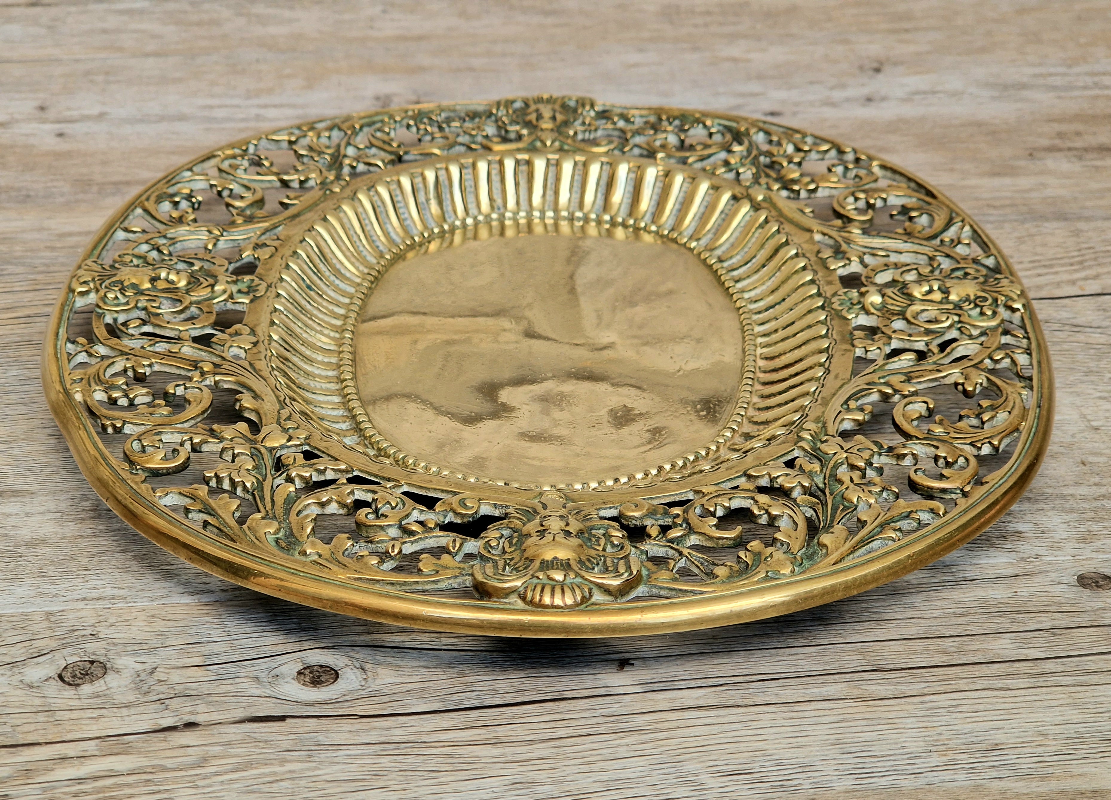Antique 19thC Baroque Cast Brass Architectural Mount Appliqué Ornate Mascaron Filigree Vanity Card Tray Plate Hand-Tooled Pattern 1018