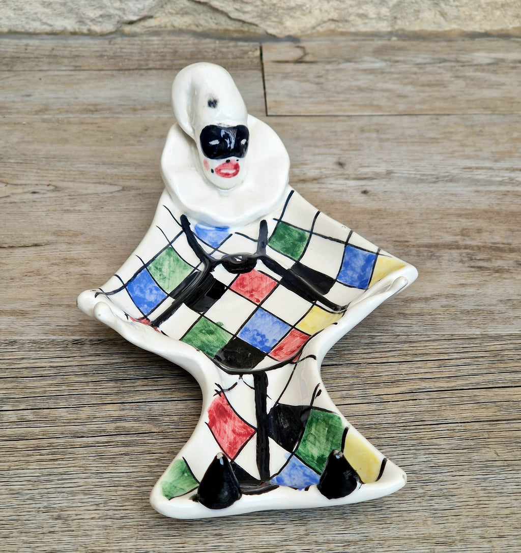 Vintage 1950s Italian Ceramic Harlequin Trinket Dish For.Reg.an Milvia Scarpa Style Catchall Plate Commedia dell Arte Pottery