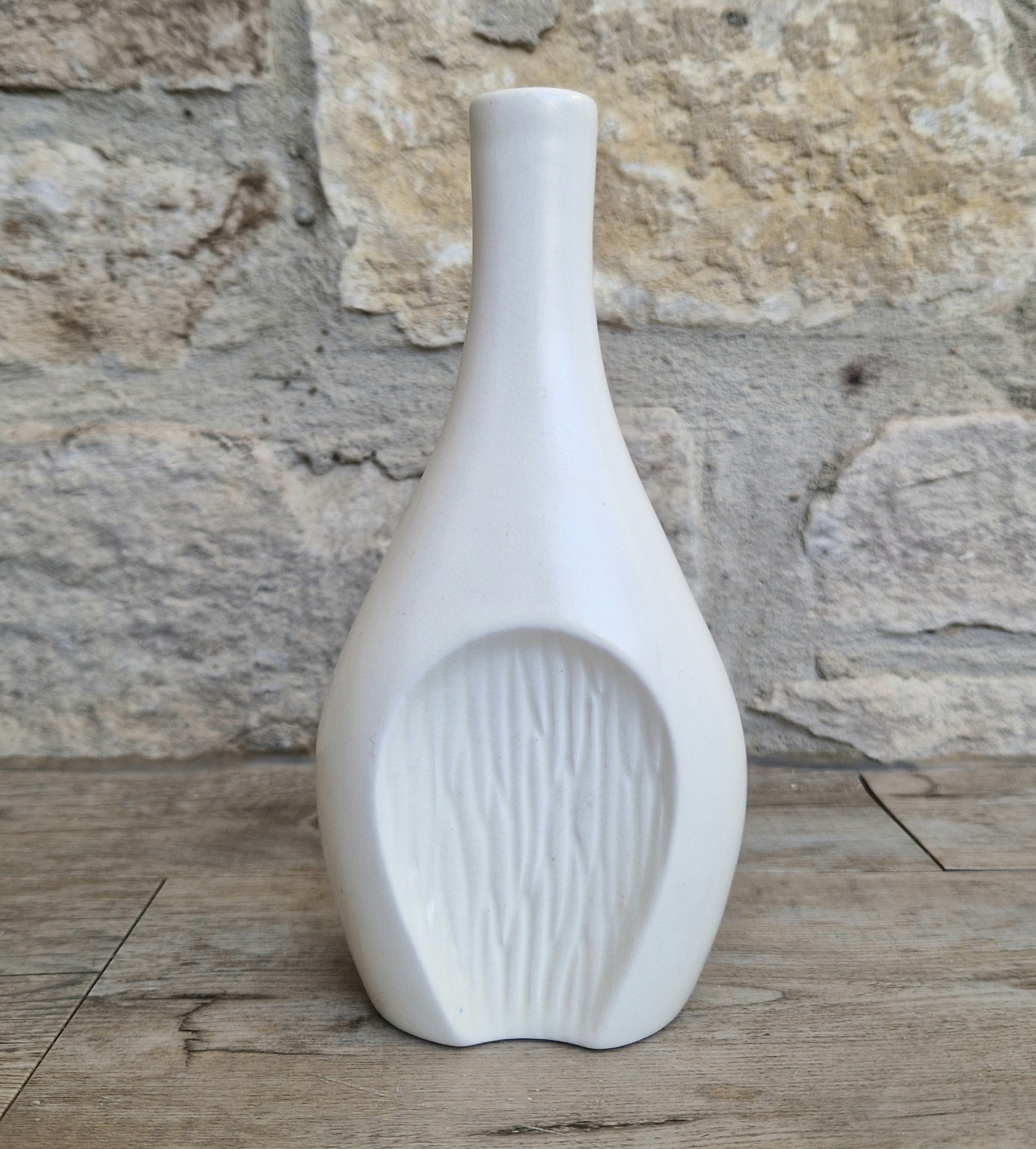 Fulham Pottery White Vase Satin Glaze Textured Cut Away Design Stem Vase Vintage
