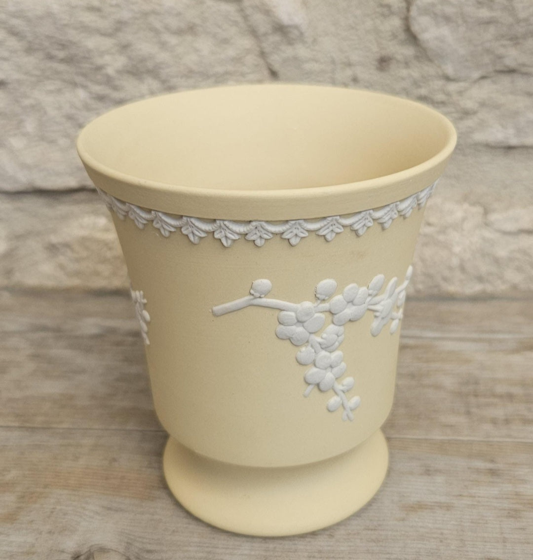 Vintage Wedgwood Jasperware Primrose Yellow Vase White Prunus England Collectible Decorative 10cm Tall