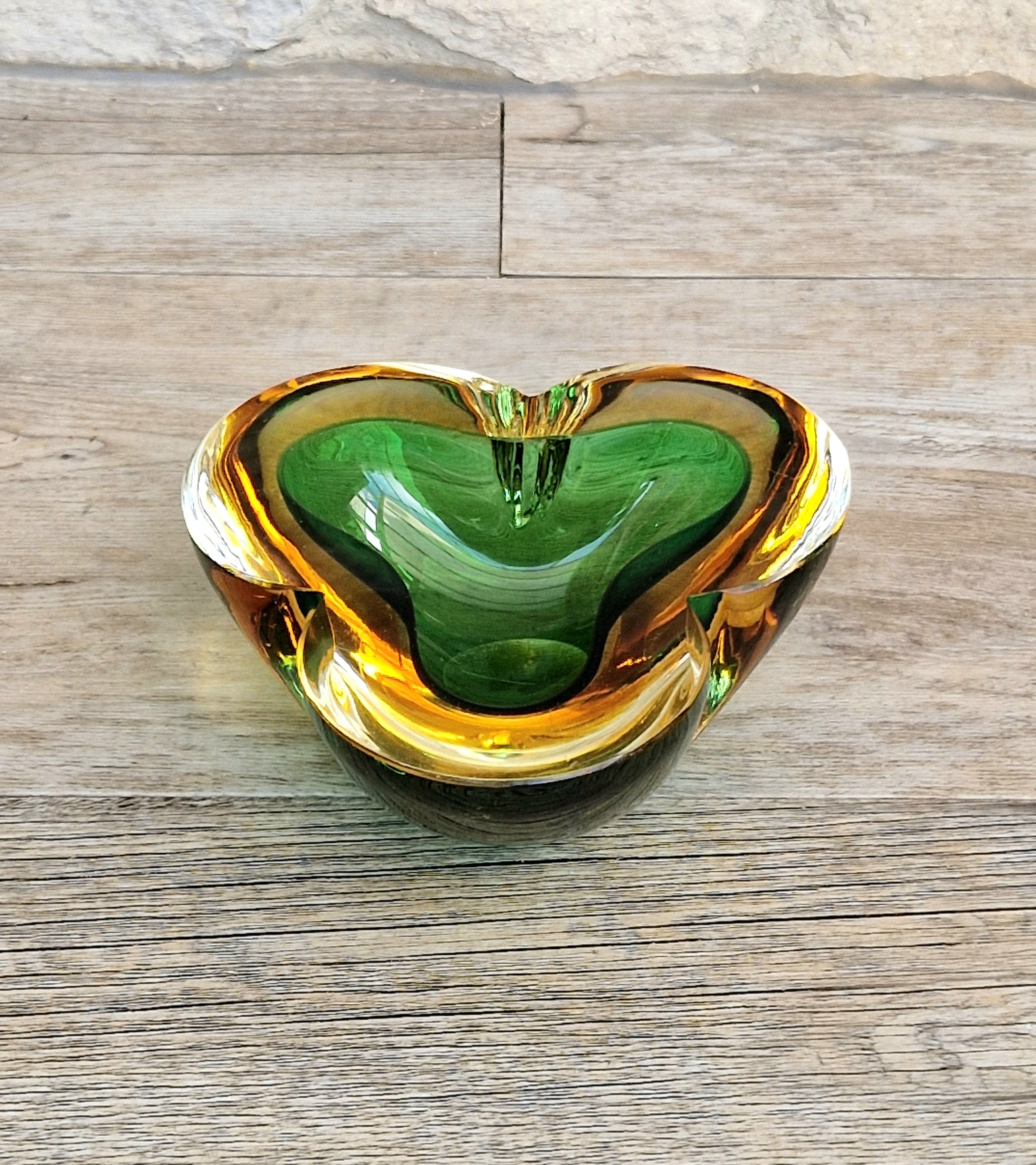 Mid-Century Tri-Form Seguso Sommerso Murano Art Glass Bowl Amber & Green 1970s 13cm