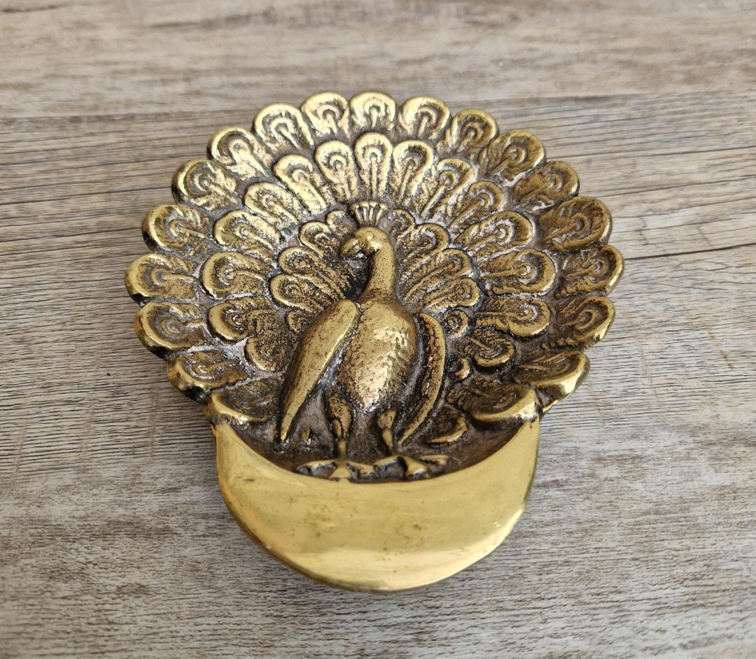 Vintage Brass Peacock Trinket Dish Ornate Bird Jewelry Tray Gold Tone Decor