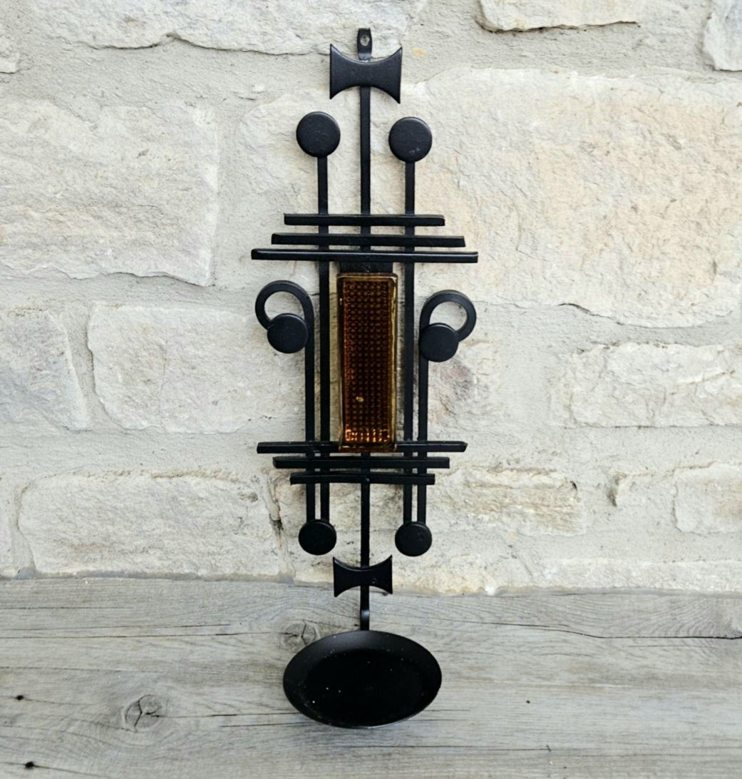 Midcentury Gothic Danish Iron & Orange Glass Candle Sconce Dantoft Denmark, Wall Mount Vintage Decor