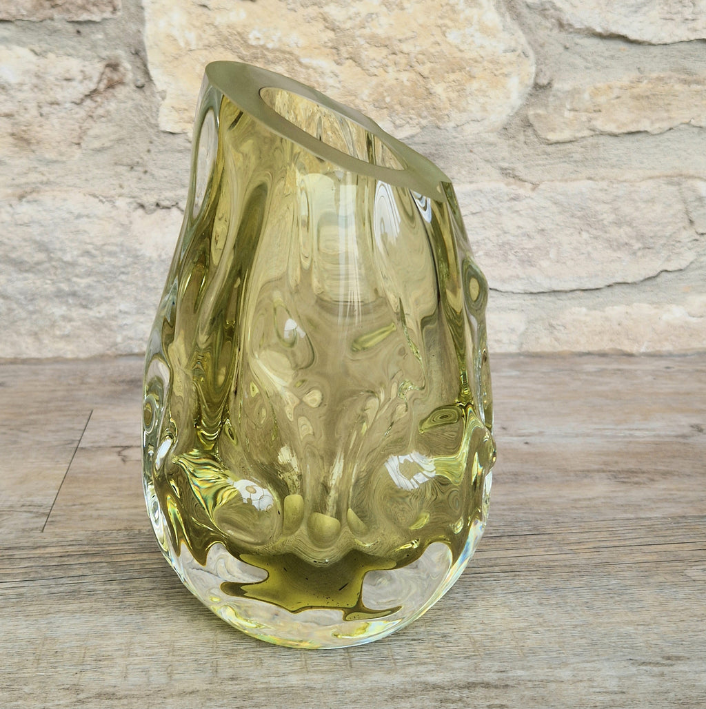 Murano Burri Glass Asymetrical Vase Light Olive Green Heavy Textured Vintage