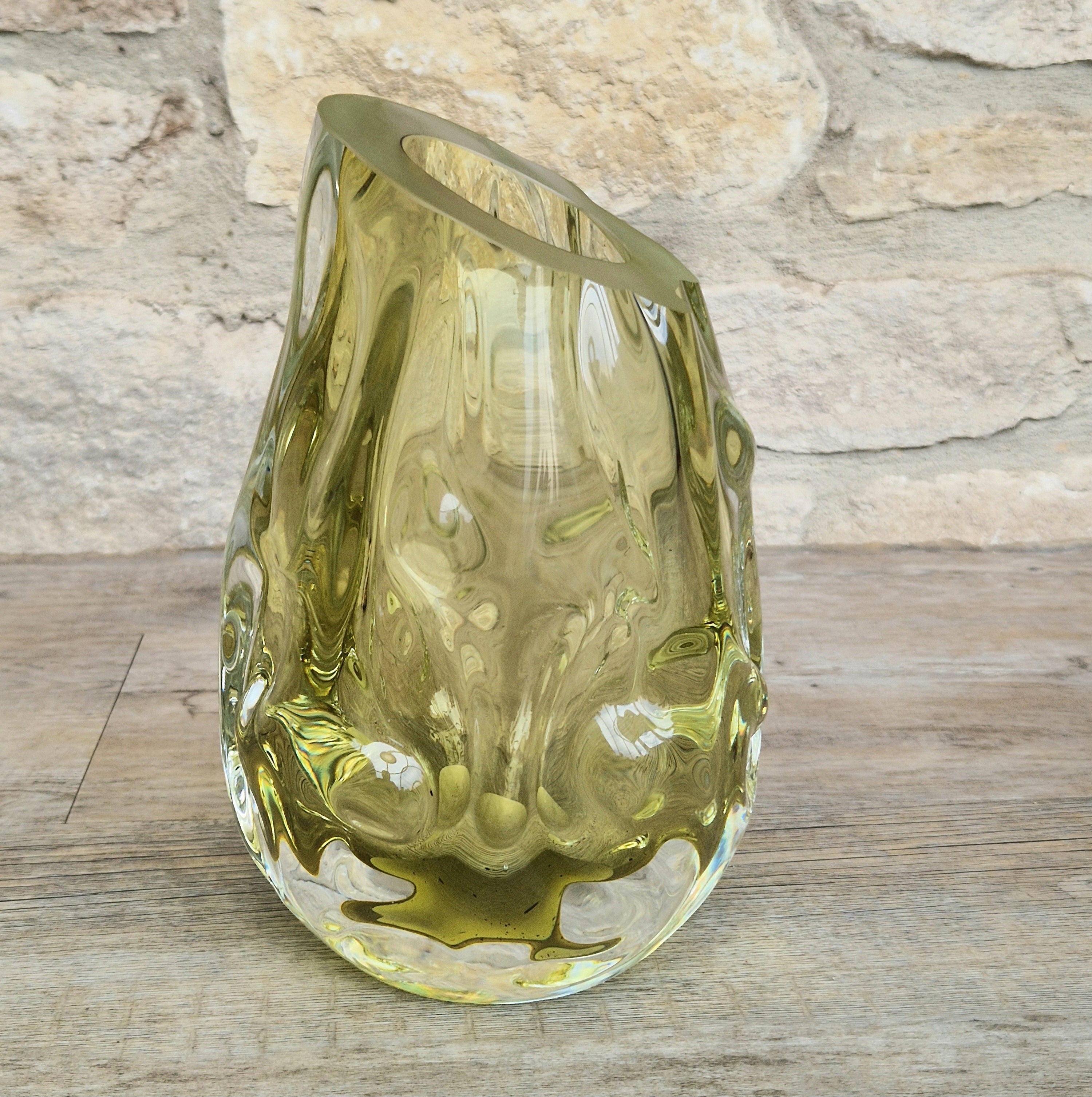 Murano Burri Glass Asymetrical Vase Light Olive Green Heavy Textured Vintage