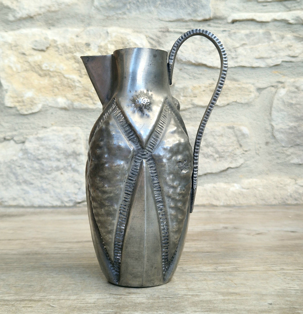 Antique French Art Deco Pewter Pitcher by Alice and Eugene Chanal Hand Hammered Jug Signed