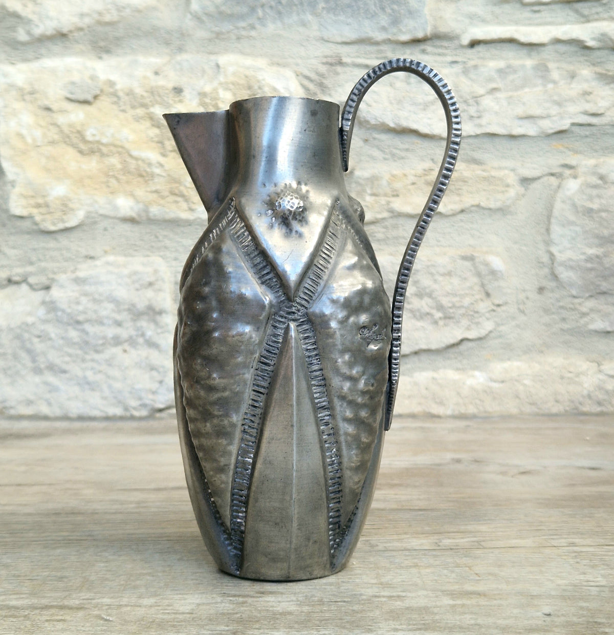 Antique French Art Deco Pewter Pitcher by Alice and Eugene Chanal Hand Hammered Jug Signed