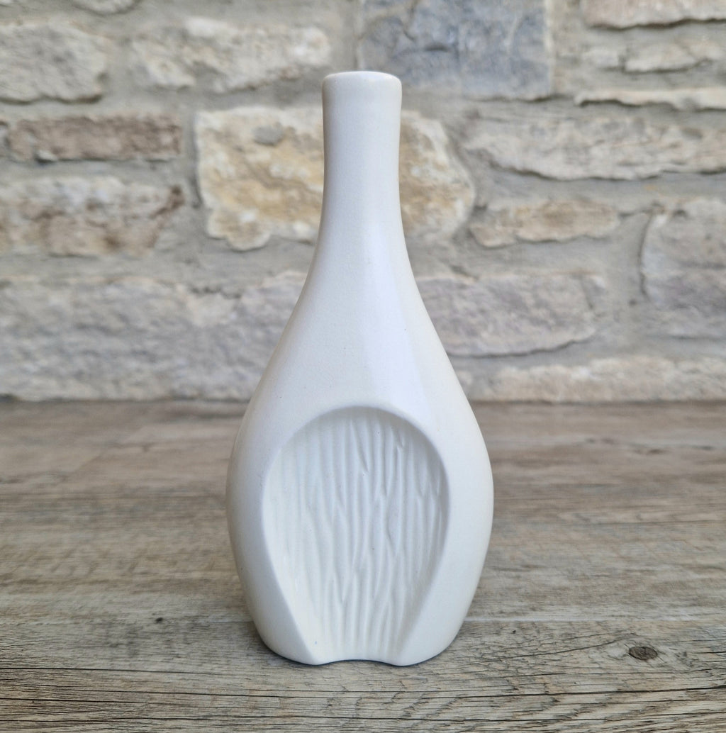 Fulham Pottery White Vase Satin Glaze Textured Cut Away Design Stem Vase Vintage