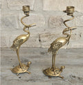 Pair of Antique Candlesticks Japanese Brass Crane Standing On Turtle With Snake Buddhist Early 20th C.