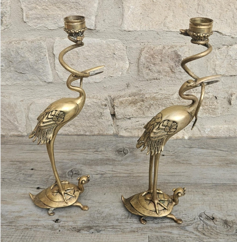 Pair of Antique Candlesticks Japanese Brass Crane Standing On Turtle With Snake Buddhist Early 20th C.