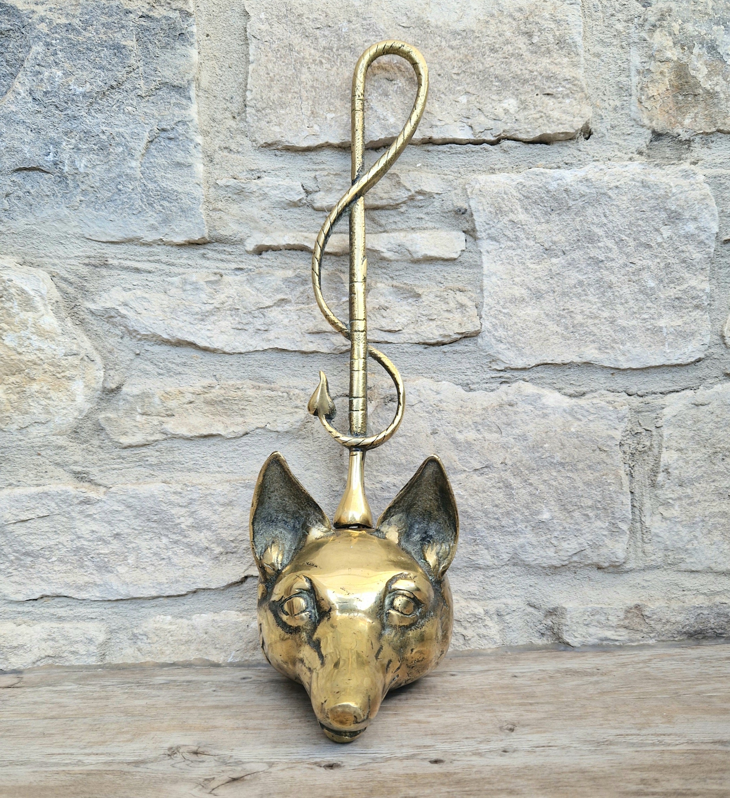 Antique Cast Brass Fox Head Door Porter Door Stop 19th C.