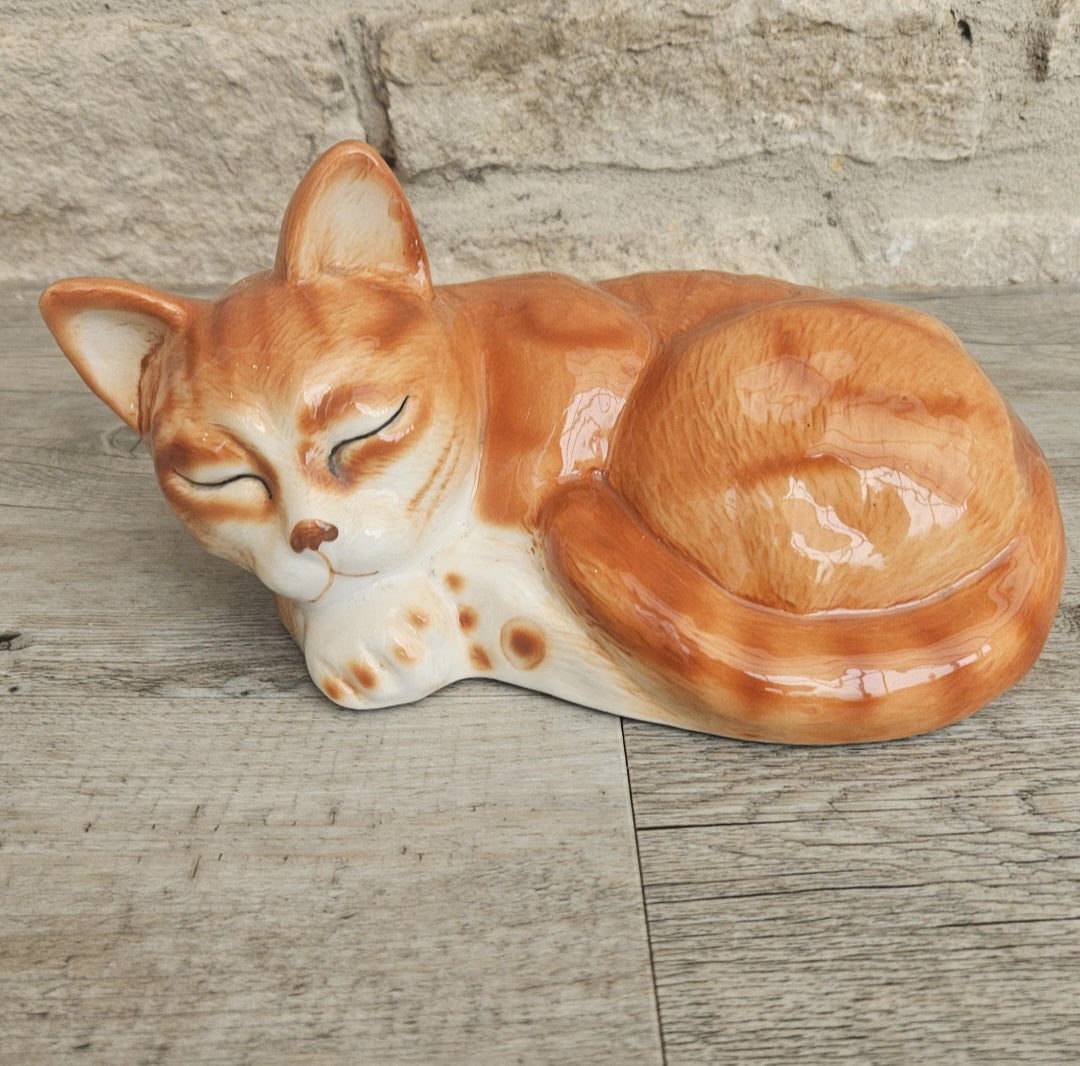 Vintage Large Sleeping Ginger Cat Ornament 18cm X 12cm Heavy