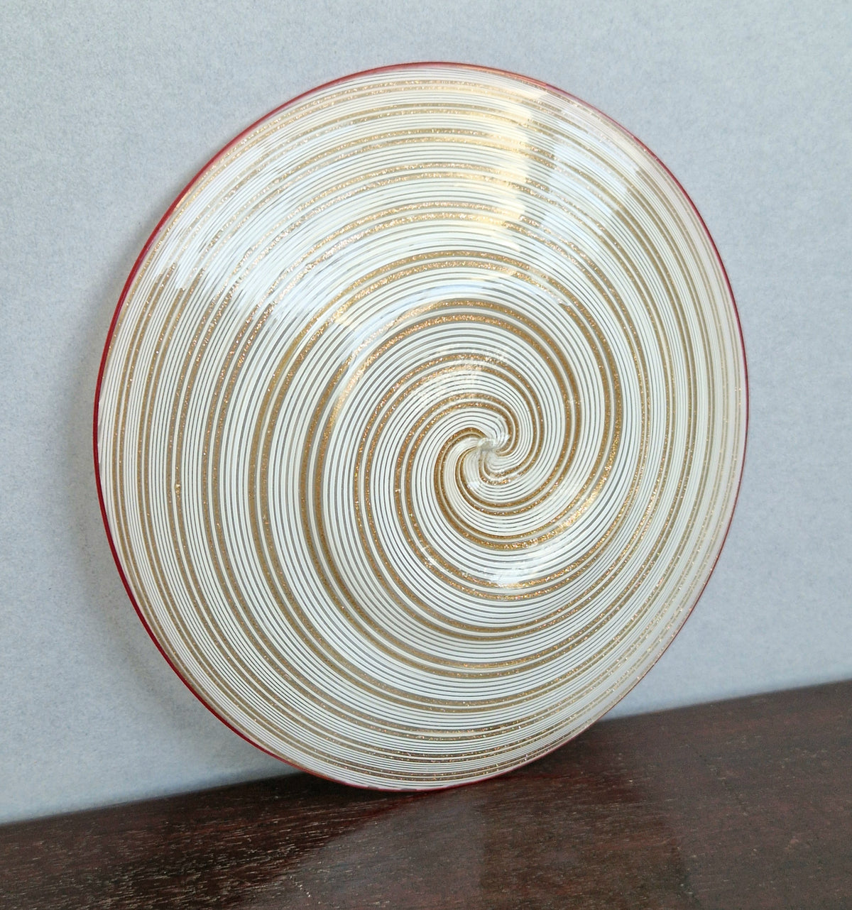 Antique Salviati Murano Glass Plate, Mezza Filigrana, Copper Aventurine, Red Rim, Venetian, c.1860–1872, 17.8cm, Rare Collectable