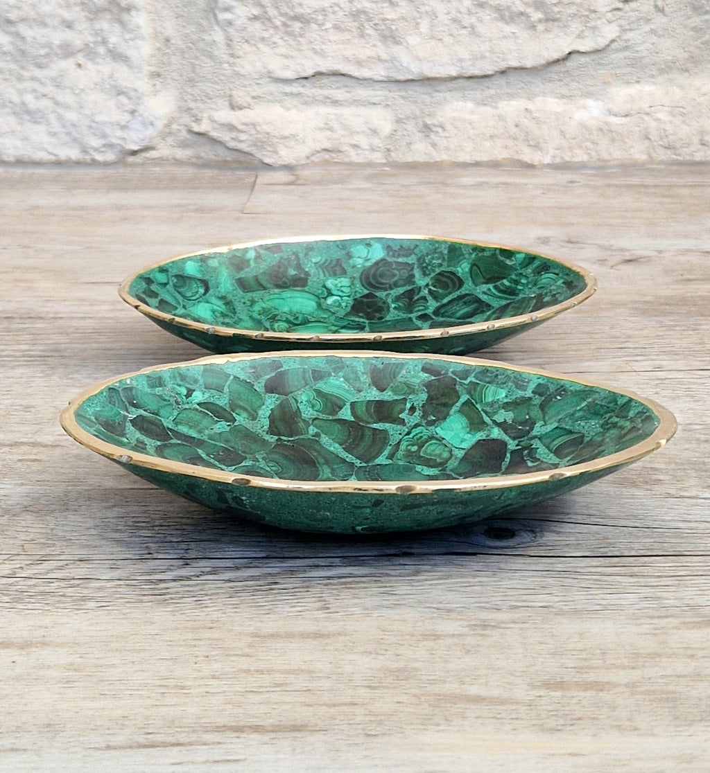 Pair of Stunning Fine Midcentury Malachite & Brass Oval Vide Poche Catch-All Decorative Bowls