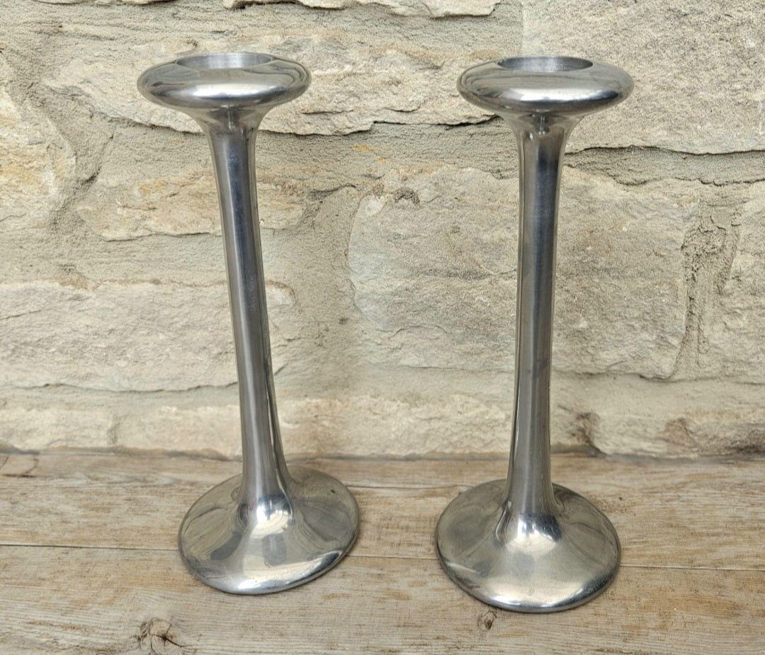 Pair Of Vintage Aluminium Tall Candlesticks 1990's Ikea Kagla Metal By Carl Ojerstam 25cm Tall
