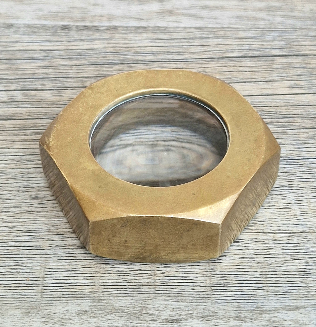 Carl Auböck Brass Hexagon Nut Magnifier Paperweight, Vintage Austria Werkstätte 1950s Desk Accessory, Model 5071 Authentic