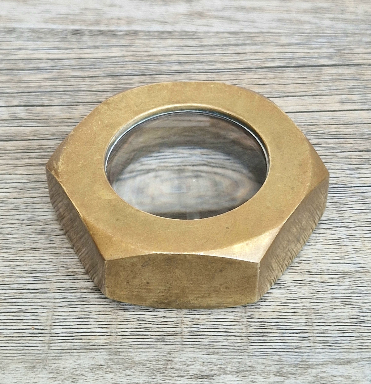 Carl Auböck Brass Hexagon Nut Magnifier Paperweight, Vintage Austria Werkstätte 1950s Desk Accessory, Model 5071 Authentic