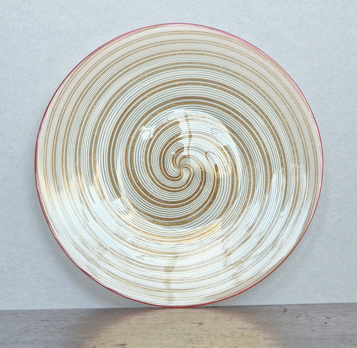 Antique Salviati Murano Glass Plate, Mezza Filigrana, Copper Aventurine, Red Rim, Venetian, c.1860–1872, 17.8cm, Rare Collectable