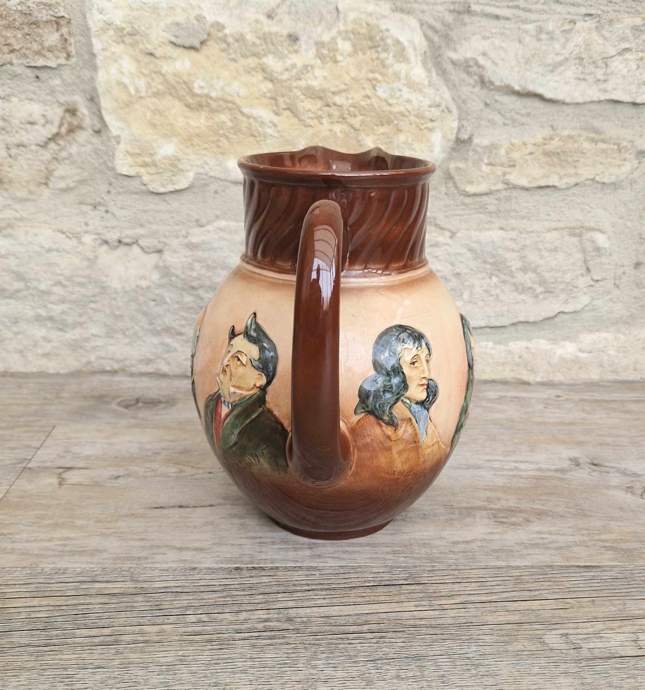 Royal Doulton Charles Dickens Pitcher: Antique Raised Relief Ceramic Jug Made in England