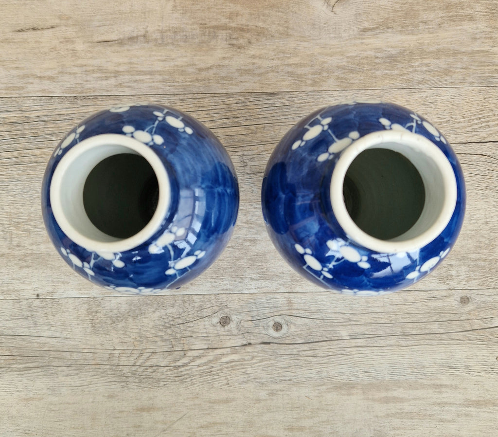 Pair Kangxi Style Blue & White Prunus Baluster Garniture Vases