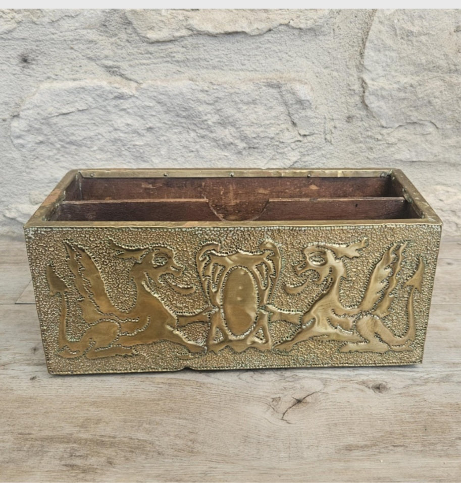 Arts and Crafts Letter Holder Brass and Wood Celtic Dragons England