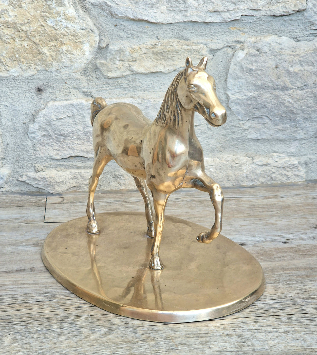 Vintage Solid Brass Horse Statue 22cm Large Heavy Equestrian Trotting Figurine On Base 1.9kg