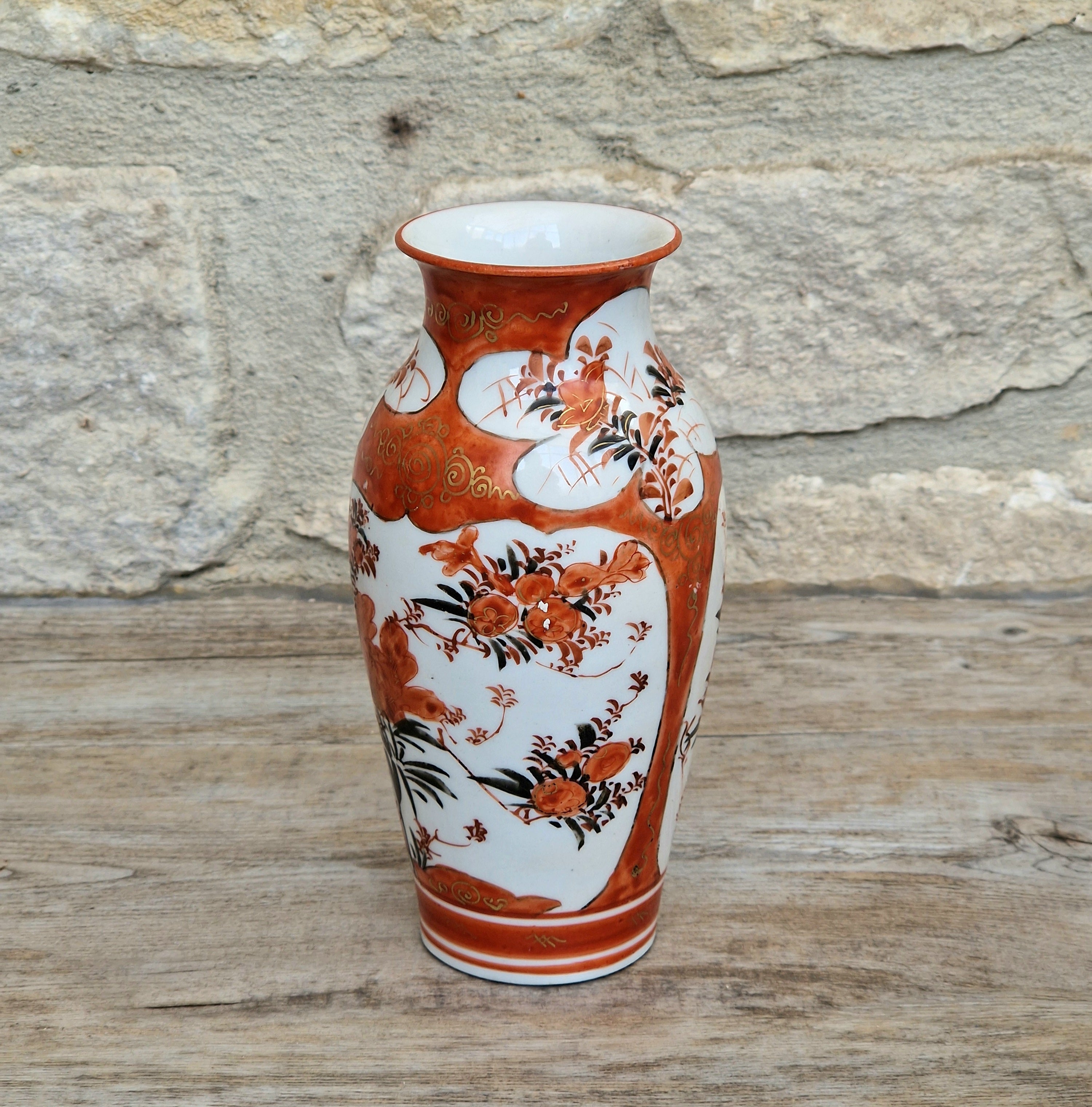 Small Antique Meiji Red Ground Gold Floral Hand-Painted Kutani Vase