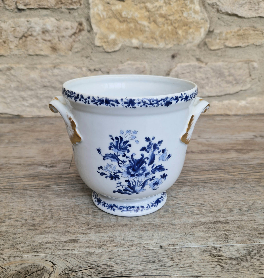 Vintage Vista Alegre Portugal Porcelain Plant Pot Round Planter / Jardinere, Blue & White
