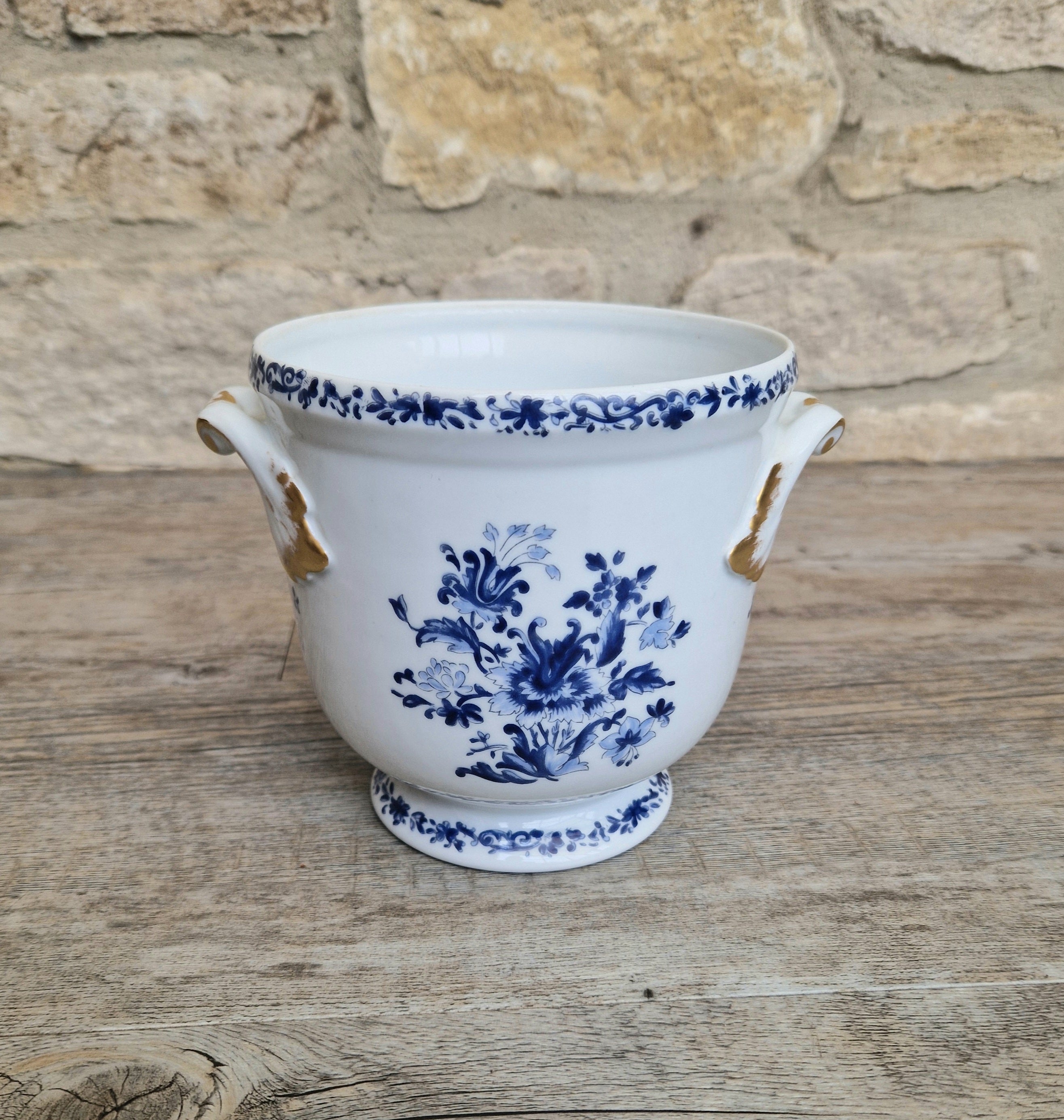 Vintage Vista Alegre Portugal Porcelain Plant Pot Round Planter / Jardinere, Blue & White