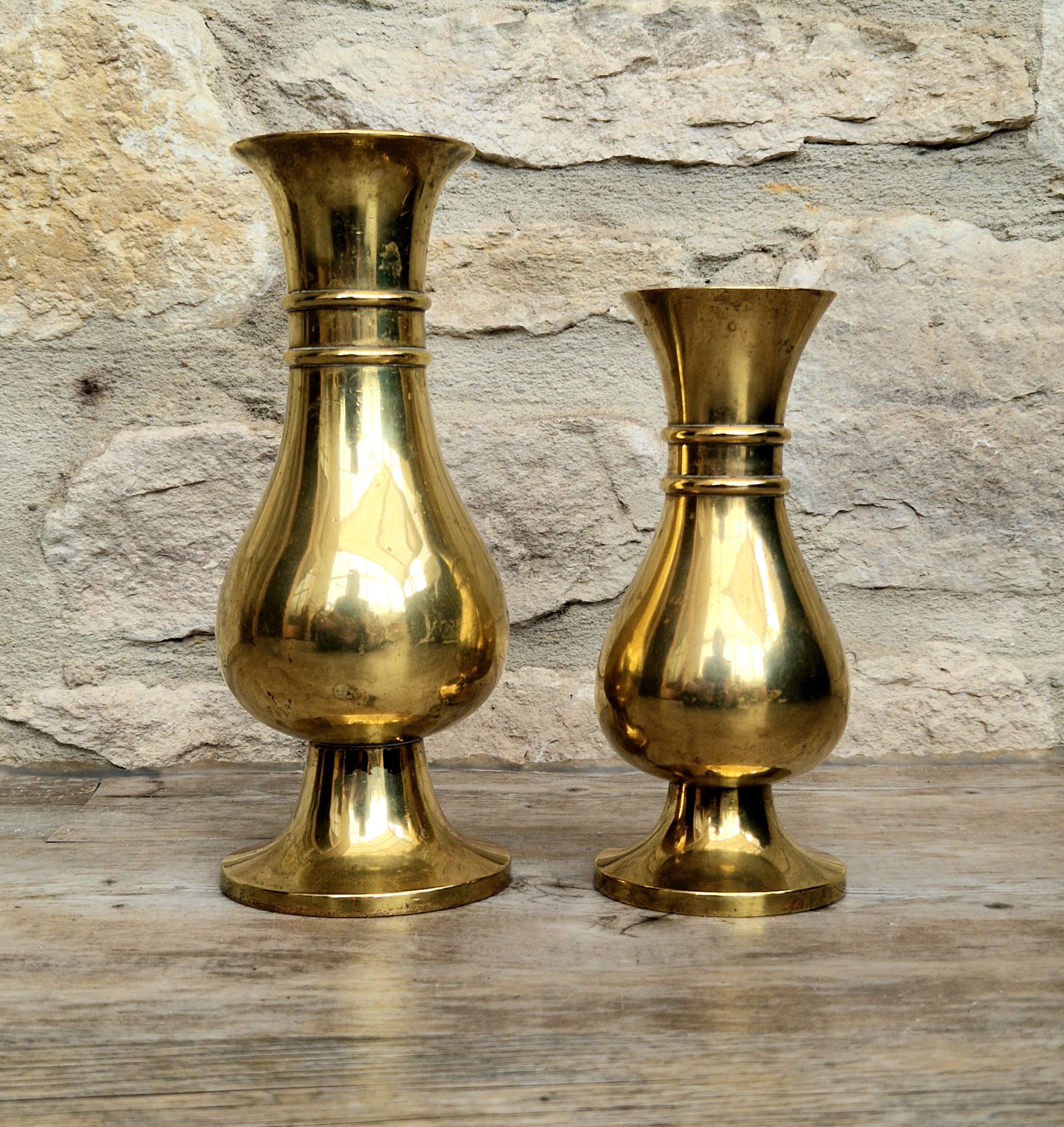 Antique Brass Altar Vases Flared Rim Heavy Pedestal Ecclesiastical Decor Early 20th C.