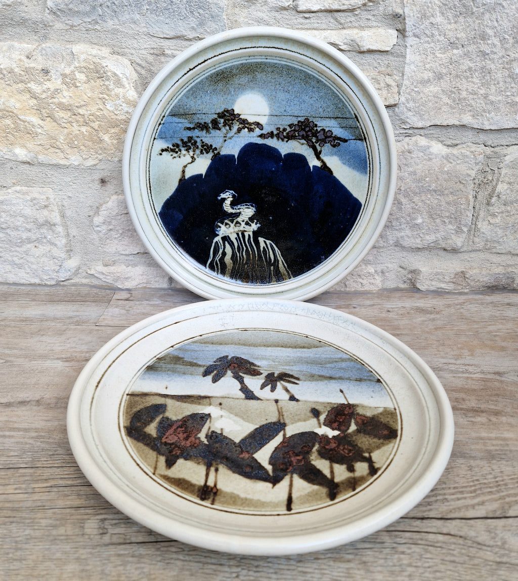 Ian Pirie Studio Pottery Diptych Wall Plaques Night & Day Vintage Scottish Ceramic Landscape Chargers
