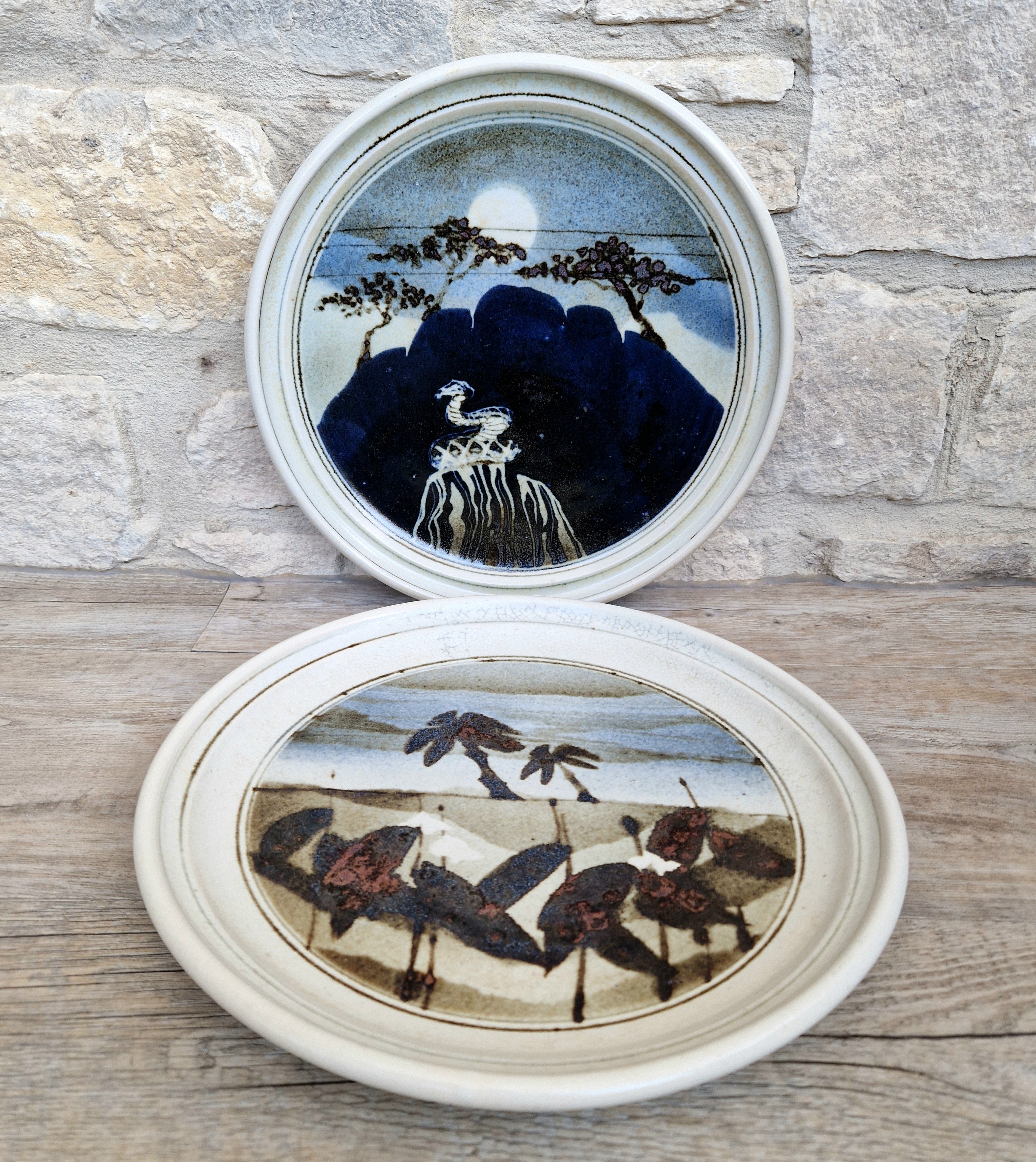 Ian Pirie Studio Pottery Diptych Wall Plaques Night & Day Vintage Scottish Ceramic Landscape Chargers