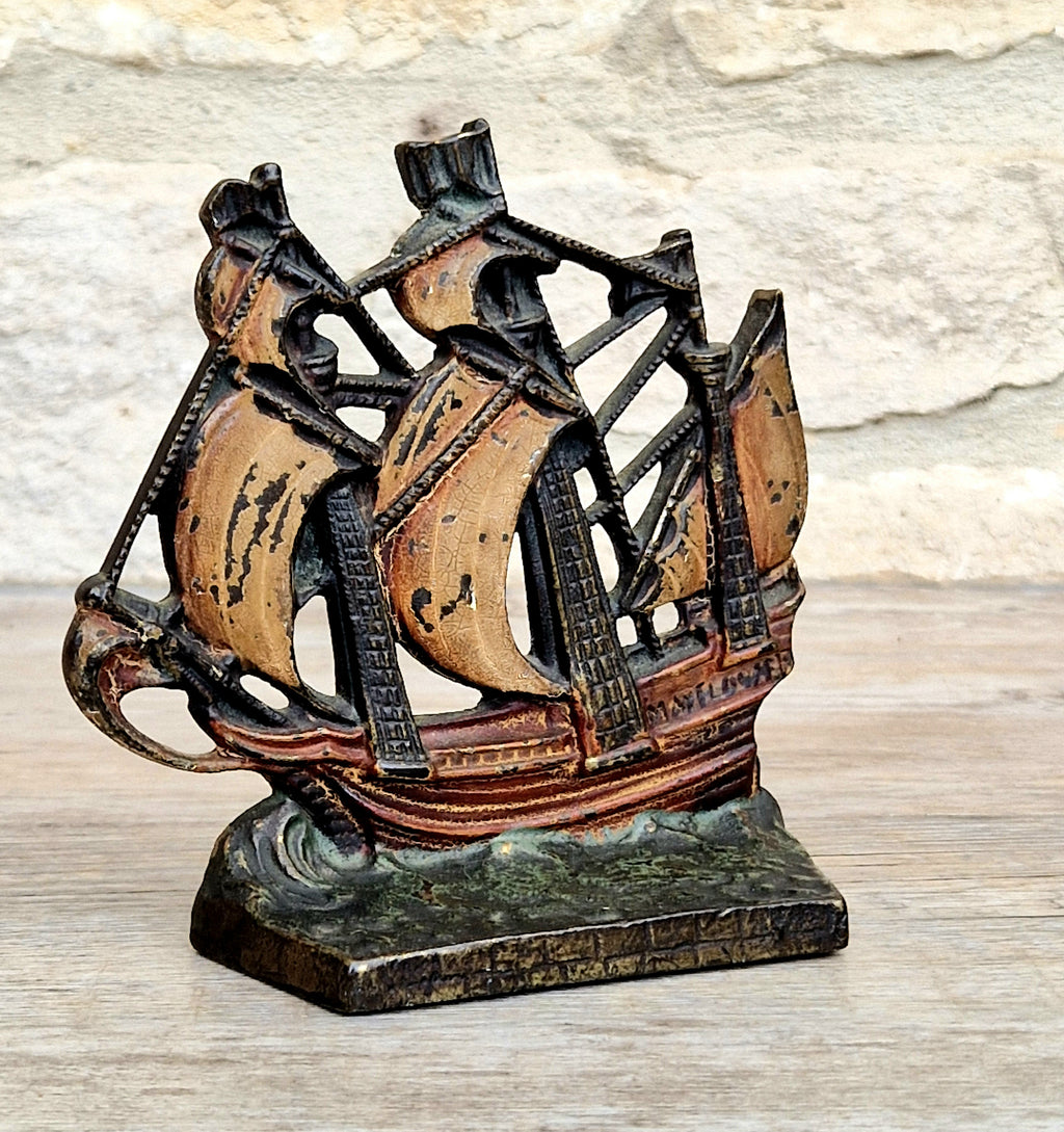 1920s Antique Sand Cast Bronze Mayflower Ship Bookend Paperweight Pattern 110 Original Paint