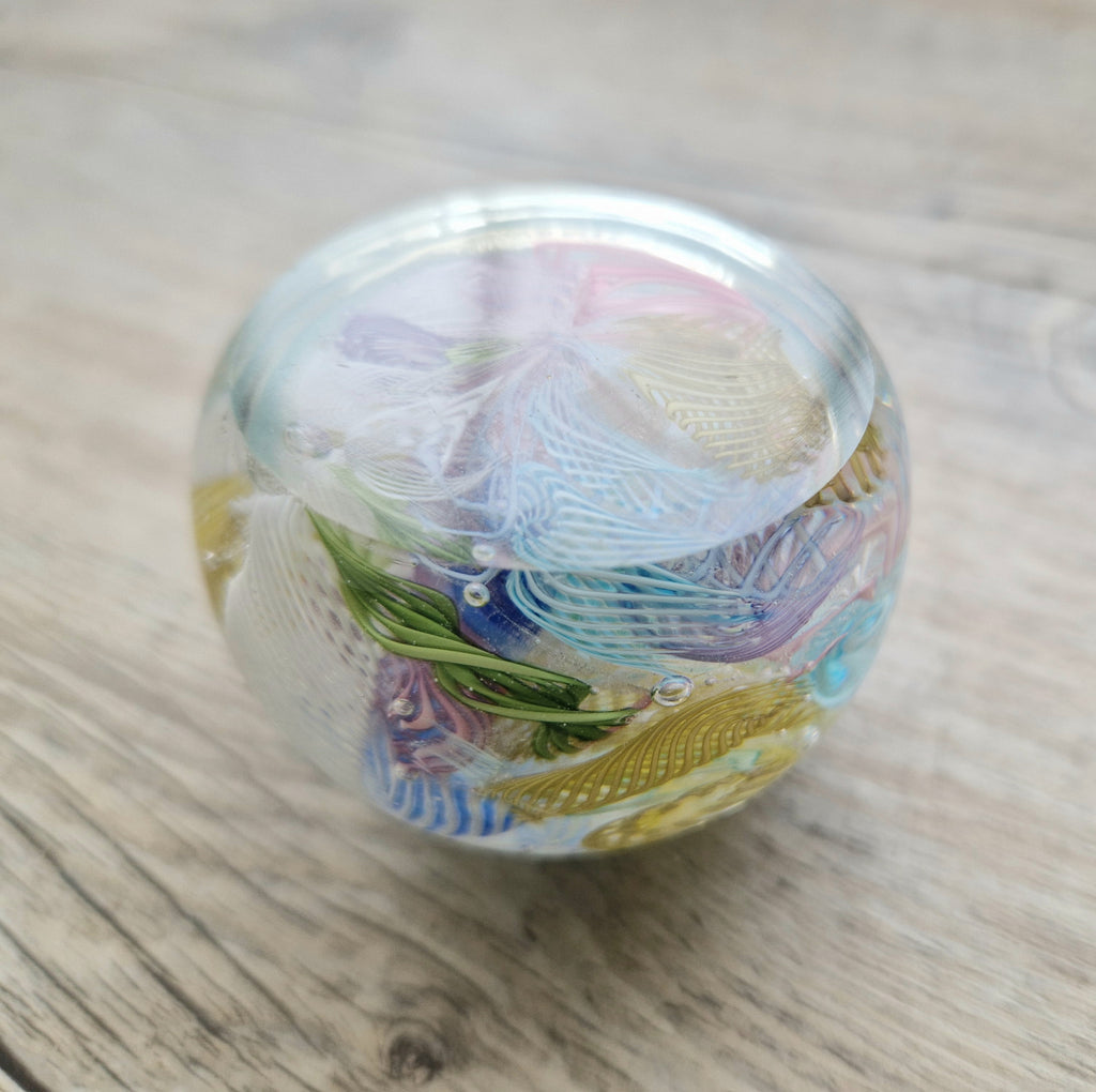 Vintage Murano Art Glass Paperweight with Scrambled Latticino & Zanfirico Canes