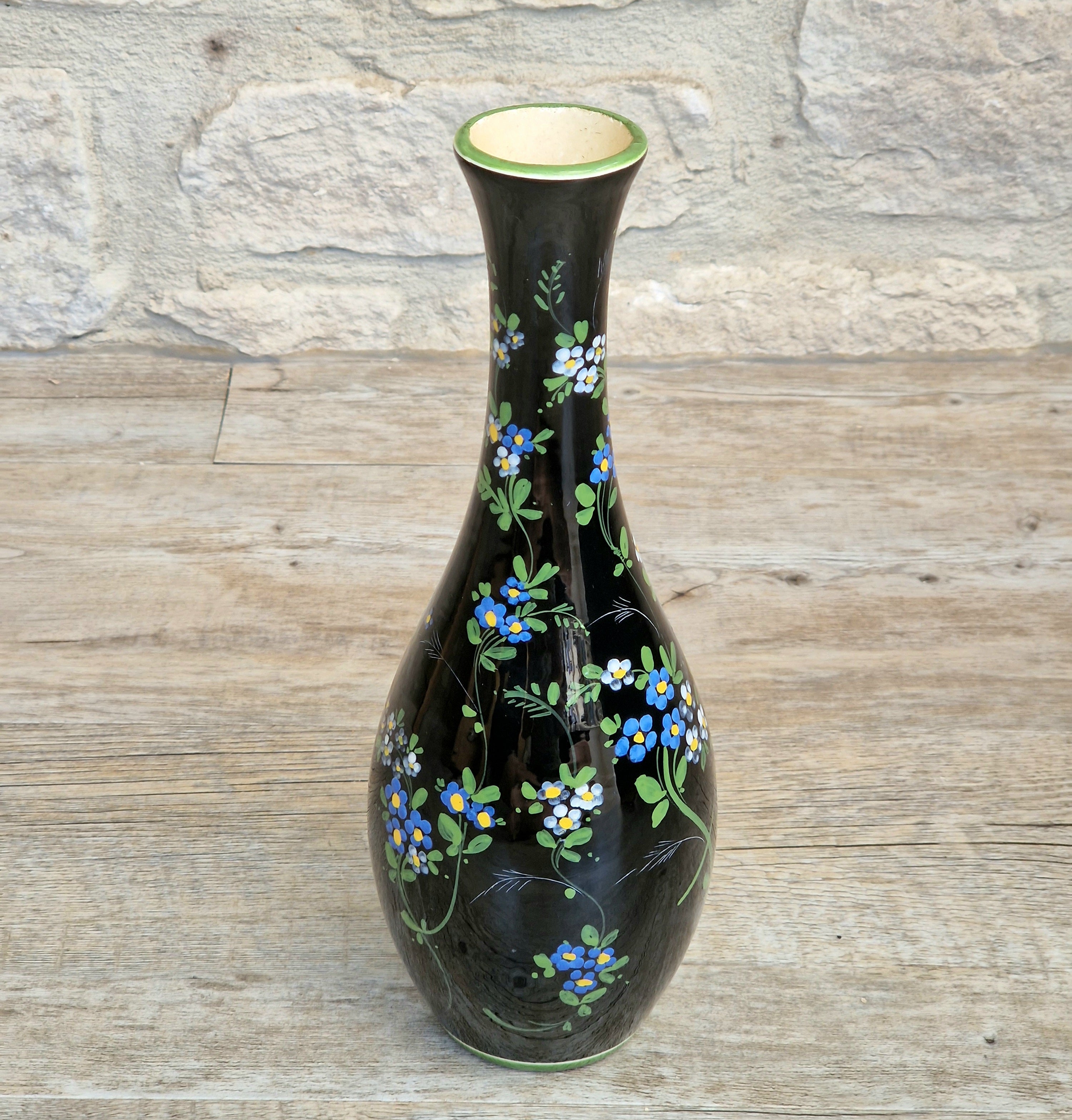 Marmaca San Marino Vase Art Ceramic Black Floral Amphora Tall Bottle Vase 1950's