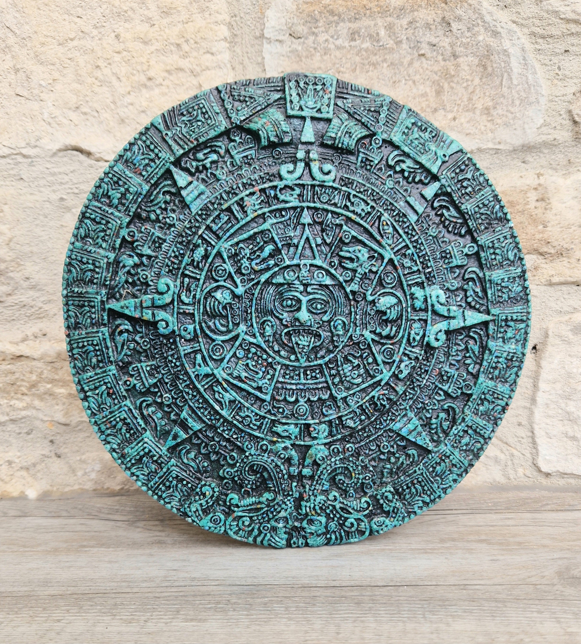 Vintage Green Malachite Composite Aztec Sun Stone Calendar Stone Wall Plaque