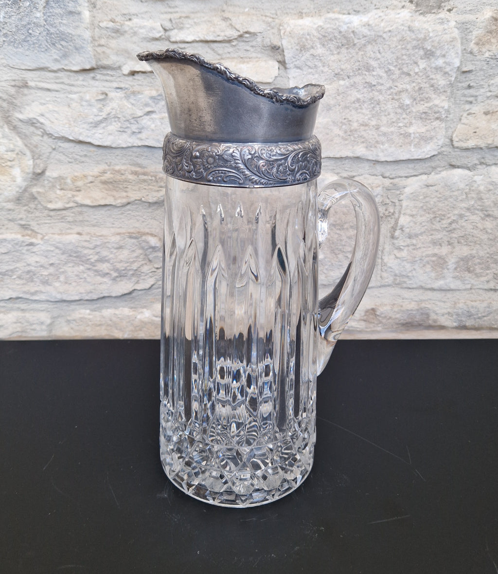 English Heavy Cut Glass & Pewter Water Pitcher Circa 1890 Antique Crystal